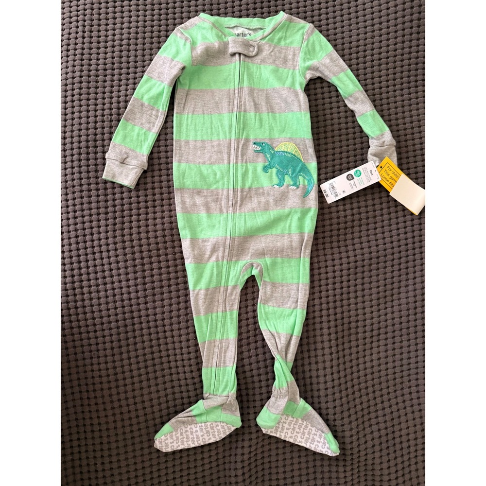 Carters Child of Mine 12M Green Gray Striped Dinosaur Footed Sleeper NWT